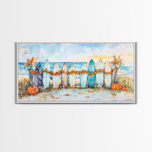 Load image into Gallery viewer, Framed Canvas Print Beach Scene with Surfboards and Pumpkins, Fall Beach Decor, Autumn Coastal Wall Art, Perfect Fall Beach Theme
