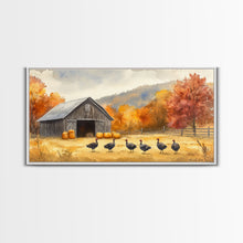 Carregar imagem no visualizador da galeria, Framed Canvas Print Rustic Barn with Pumpkins and Turkeys, Perfect Autumn Farmhouse Decor, Fall Wall Art, Country Autumn Scene
