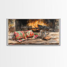 Carregar imagem no visualizador da galeria, Canvas Print Cozy Fireplace with Christmas Blanket and Mug, Rustic Christmas Decor, Holiday Home Art, Warm Christmas Wall Art
