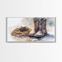 Load image into Gallery viewer, Framed Canvas Print Cowboy Boots and Rope with Pinecones, Rustic Winter Decor, Western Christmas Art, Perfect Holiday Wall Print
