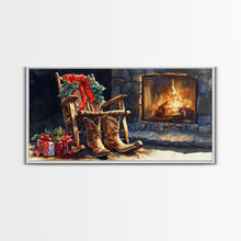 Carregar imagem no visualizador da galeria, Canvas Print Rocking Chair and Cowboy Boots by Fireplace, Cozy Christmas Decor, Western Holiday Wall Art, Rustic Christmas Scene
