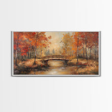 Carregar imagem no visualizador da galeria, Autumn Bridge Over Quiet River Tall Art Framed Canvas Print Serene Fall Landscape With Colorful Foliage And Peaceful Reflections

