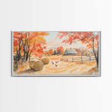 Carregar imagem no visualizador da galeria, Autumn farmhouse decor Canvas Print fall landscape with barn and chickens harvest season gift idea rustic fall wall art holiday home decor
