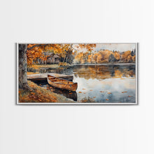 Cargar imagen en el visor de la galería, Fall lake house decor Framed Canvas Print serene lakeside cabin canoe rustic autumn wall art seasonal decor gift idea cozy fall home decor
