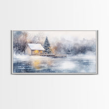 Load image into Gallery viewer, Christmas winter cabin Framed Canvas Print snowy lakeside cabin Christmas tree cozy holiday decor winter wonderland art Christmas wall decor
