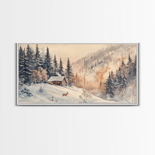Load image into Gallery viewer, Christmas winter cabin Canvas Print snowy mountain cabin deer cozy holiday wall art winter wonderland seasonal decor Christmas gift idea
