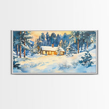 Load image into Gallery viewer, Winter cabin decor Framed Canvas Print snowy cabin and trees winter wonderland cozy holiday wall art gift idea Christmas home decor
