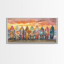 Carregar imagem no visualizador da galeria, Fall Surfboards Beach Art Print Canvas Wall Art Autumn Surfboard Beach Scene Seasonal Wall Art Framed Canvas Print Fall Beach Decor
