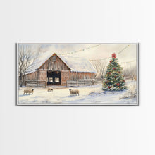 Cargar imagen en el visor de la galería, Christmas Barn Snow Sheep Canvas Print Christmas Farmhouse Decor Rustic Christmas Wall Art Framed Canvas Print Christmas Outdoor Decor
