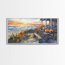 Load image into Gallery viewer, Beach Thanksgiving Table Pumpkins Canvas Print Fall Beach Decor Autumn Coastal Wall Art Framed Canvas Print Seasonal Wall Art

