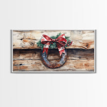 Cargar imagen en el visor de la galería, Festive horseshoe Christmas art, rustic holiday decor, farmhouse holiday gift idea, cozy winter home decor, framed canvas print
