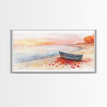 Carregar imagem no visualizador da galeria, Autumn beach landscape art, fall sunset wall art, coastal boat decor, beach fall home decor, seasonal wall art gift, framed canvas print
