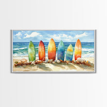 Load image into Gallery viewer, Colorful surfboards Christmas wall art, beach holiday decor, coastal Christmas art, framed canvas print, tropical Christmas art gift
