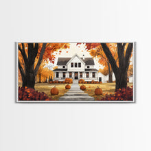 Carregar imagem no visualizador da galeria, Fall farmhouse pumpkin decor, autumn country home art, rustic fall wall print seasonal wall decor, framed canvas print, autumn farmhouse art
