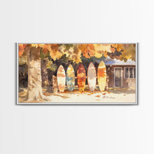 Carregar imagem no visualizador da galeria, Autumn surfboards art, canvas print featuring surfboards with fall leaves, cozy fall home decor, rustic wall art, autumn vacation gift idea
