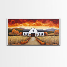 Carregar imagem no visualizador da galeria, Autumn pumpkin farm with barn, canvas print, fall farmhouse decor, rustic autumn home decor, cozy fall harvest wall art for seasonal display
