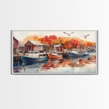 Cargar imagen en el visor de la galería, Fishing boats in harbor with autumn trees, framed canvas print, fall coastal art, rustic nautical decor, perfect gift idea, autumn wall art

