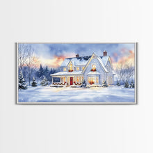 Load image into Gallery viewer, Cozy Winter House with Snowy Landscape, Christmas Decor, Framed Canvas Print, Farmhouse Christmas Decor, Seasonal Wall Art, Gift Idea

