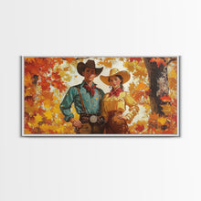 Carregar imagem no visualizador da galeria, Autumn Cowboy In Forest Framed Canvas Print Western Cowboy Wall Art Fall Cowboy Gift Rustic Wall Decor Moody Landscape Above Sofa
