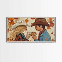 Load image into Gallery viewer, Cowgirl &amp; Cowboy Enjoy Some Hot Chocolate, Art For Couples, Framed Canvas Print, Rustic Farmhouse Home Decor, Wall Art Rustic Decor

