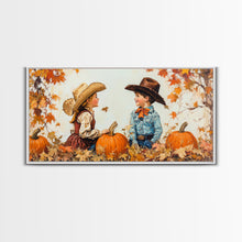 Carregar imagem no visualizador da galeria, Cute Cowboy and Cowgirl In a Pumpkin Patch, Framed Canvas Print, 1950s Style Wall Art, Nursery Decor
