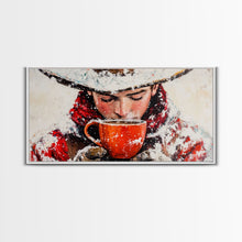 Load image into Gallery viewer, Cowboy in forest with burning fire, deep autumn hues, Framed Canvas Print, moody landscape, fall western art, rustic wall piece, wall decor
