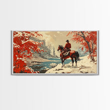 Load image into Gallery viewer, Cowboy resting by campfire under aspen trees with mountains in background, Framed Canvas Print, rustic wall art, warm western decor piece
