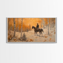 Load image into Gallery viewer, Cowboy riding horse through deep snow in a winter storm, Framed Canvas Print, dynamic winter wall art, rustic western home decor
