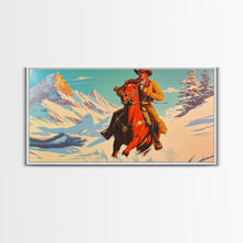 Load image into Gallery viewer, Cowboy in red jacket riding through snow-covered forest, Framed Canvas Print, vibrant winter wall art, rustic western decor
