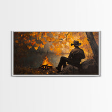 Load image into Gallery viewer, Cozy autumnal Framed Canvas Print featuring a woman with a mug, surrounded by vibrant fall leaves, perfect seasonal wall art for cozy spaces
