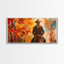 Load image into Gallery viewer, Cowboy Riding Through The Autumn Trees, Framed Canvas Print, Rustic Farmhouse Wall Art, Boho Style Seasonal Watercolor Painting

