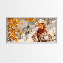 Cargar imagen en el visor de la galería, Charming Framed Canvas Print of a Cowgirl in Autumn Leaves, Perfect Fall Wall Decor and Gift Idea for Fans of Western Art Rustic Home Decor
