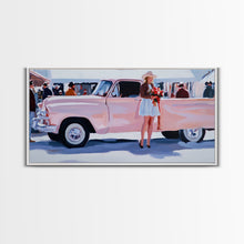 Load image into Gallery viewer, Cute Cowgirl and Her Pink Truck, Framed Canvas Print, Retro Pink Fall Decor, Wall Art Fall Home Decor, Ideal Gift Idea Rustic Seasonal Decor
