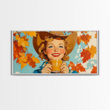 Load image into Gallery viewer, Cowgirl Having A Cup Of Joe, Framed Canvas Print, Farmhouse / Western Rustic Charm, Seasonal Art Piece to Warm Up Your Home Decor This Fall

