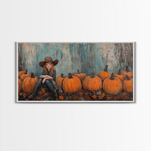 Load image into Gallery viewer, Cute Cowgirl In A Pumpkin Patch, Framed Canvas Print, Fall / Thanksgiving Decor, minimalist seasonal art for autumn or Christmas decor
