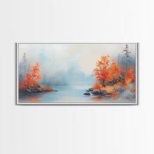 Carregar imagem no visualizador da galeria, Fall On The Lake, Framed Canvas Print, Beautiful Seasonal Decor, Moody Landscape Painting
