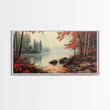 Carregar imagem no visualizador da galeria, Fall On The River, Rustic Landscape Painting, Primitive Wall Art, Framed Canvas Print, retro festive holiday wall art Christmas decor
