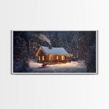 Load image into Gallery viewer, Cozy Cabin in Snow Framed Canvas Print, Winter Wonderland Scene Art, Rustic Christmas Decor, Holiday Wall Art, Seasonal Gift Idea
