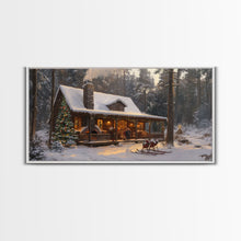Load image into Gallery viewer, Cozy Christmas Cabin in Woods Framed Canvas Print - Rustic Christmas Decor and Winter Wonderland Scene with Holiday Wall Art
