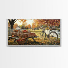 Load image into Gallery viewer, Autumn picnic with apples and plaid tablecloth, fall farmhouse decor, canvas print, country autumn art, autumn wall decor
