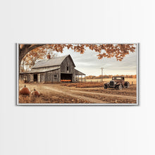 Cargar imagen en el visor de la galería, Farmhouse Autumn Decor Framed Canvas Print with Rustic Truck and Barn, Fall Country Art Wall Decor, Pumpkin Harvest Gift Idea Seasonal Decor
