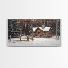 Load image into Gallery viewer, Snowy Log Cabin Christmas Framed Canvas Print, Rustic Winter Wonderland Art, Cozy Holiday Decor, Best Gift Christmas Wall Art

