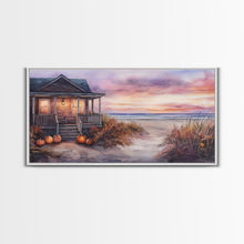 Cargar imagen en el visor de la galería, Rustic Beach Cottage Fall Scene Framed Canvas Print, Coastal Autumn Sunset Wall Art Ideal Autumn Gift, Seasonal Beach Decor
