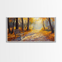 Carregar imagem no visualizador da galeria, Autumn Path Bench Framed Canvas Print, Serene Fall Landscape Wall Art, Cozy Farmhouse Decor, Seasonal Wall Art Gift Idea
