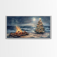 Load image into Gallery viewer, Cozy Bonfire On Beach With Christmas Tree Framed Canvas Print, Nighttime Winter Beach Holiday Wall Art And Coastal Decor
