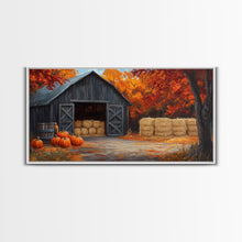 Cargar imagen en el visor de la galería, Fall Barnyard with Pumpkins Framed Canvas Print Farmhouse Decor, Fall Art Print, Rustic Home Decor, Seasonal Gift Wall Art
