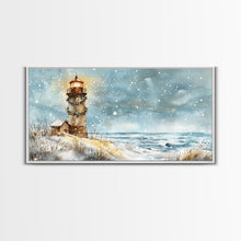 Load image into Gallery viewer, Coastal Christmas Lighthouse Decor Framed Canvas Print, Snowy Beach Scene with Holiday Wreath and Lighthouse Winter Wall Art
