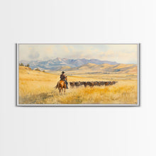 Load image into Gallery viewer, Cowboy On Snowy Path Framed Canvas Print Tall Art Winter Wonderland Western Christmas Decor Rustic Winter Wall Art Gift Cowboy Holiday Gift
