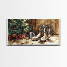 Cargar imagen en el visor de la galería, Christmas Cowboy Boots By Tree Framed Canvas Print Tall Art Rustic Western Christmas Decor Farmhouse Holiday Wall Art Cowboy Holiday Gift
