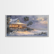Cargar imagen en el visor de la galería, Christmas beach decor scene in tropical house with wreath and lights, Framed Canvas Print palm trees snow, winter art and holiday home decor
